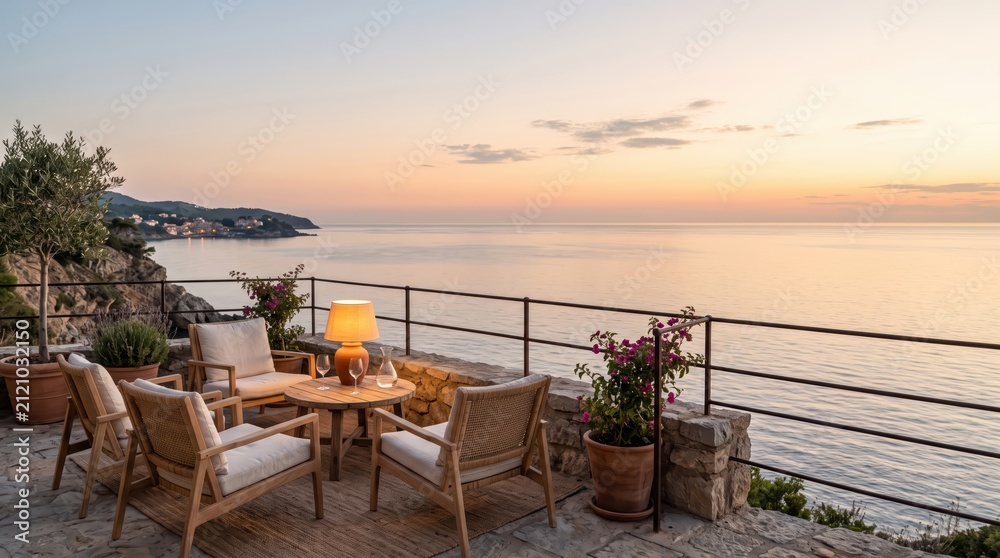 Obraz premium Wooden deck seating area with table and lamp overlooking calm sea at sunrise. quiet coastal balcony with potted plants, simple outdoor furniture and gentle morning light.