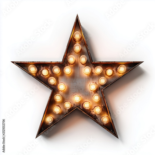 Vintage star marquee sign with glowing bulbs. Retro metal star light for festive decor.
