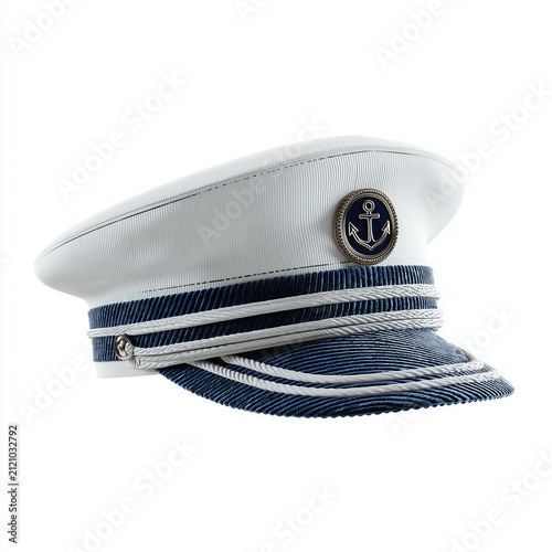 White captain hat with navy blue band. Nautical sailor cap for yachting and maritime events.