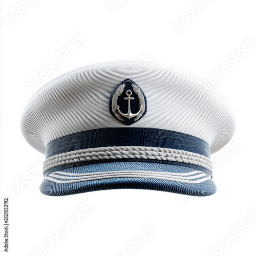 White captain hat with navy blue band. Nautical sailor cap with anchor emblem isolated.