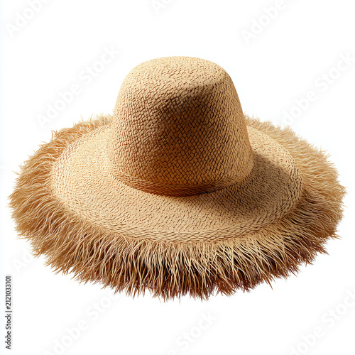 Wide brimmed straw hat with frayed edges. Stylish summer sun hat isolated on white background.