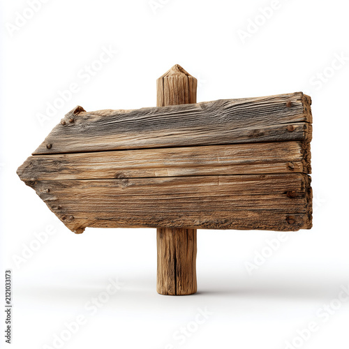 Wooden directional signpost isolated on white. Rustic arrow sign for navigation and wayfinding.