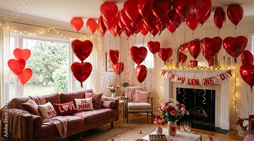 Cozy valentine's day scene with plush sofa, heart pillows and romantic red balloons.