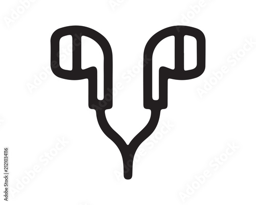  Pair of in-ear wired earphones line art icon with headphones earphones listening electronic technology minimalist isolated equipment entertainment portable acoustic communication interface