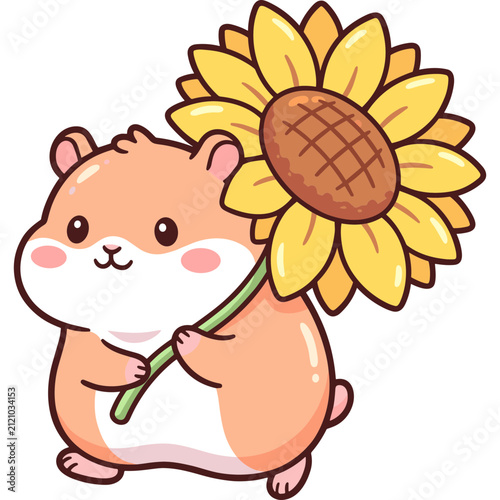 Cute hamster holding a bright yellow sunflower in a charming cartoon illustration style