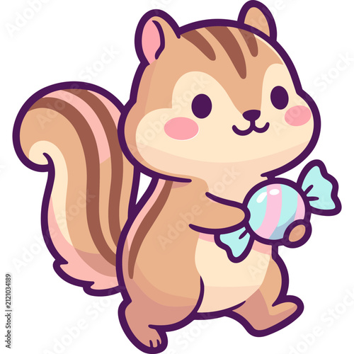 Cute Kawaii Chipmunk Illustration Holding a Colorful Wrapped Candy Sweet Treat