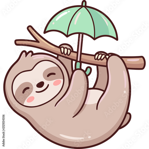 Cute Cartoon Sloth Hanging From a Tree Branch Holding a Small Umbrella Illustration
