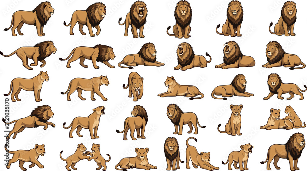Fototapeta premium Lion Family Illustration Collection Featuring Male Lion Lioness Cubs Wildlife Safari African Animals and Big Cat Vector Set