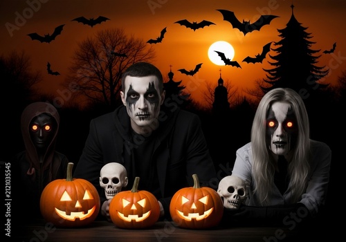 Eerie twilight beckons, faces aglow with haunted revelry.