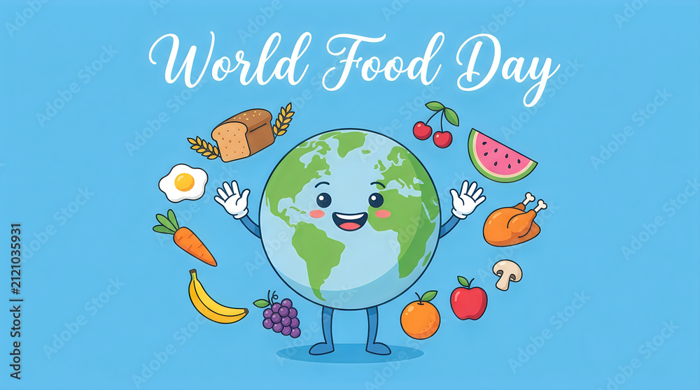 Naklejka premium A cute anthropomorphic globe character celebrating World Food Day surrounded by an assortment of healthy and delicious food items against a light blue background