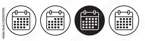 Set of calendar icons in circles, outlining and filled calendar symbol vector elements.