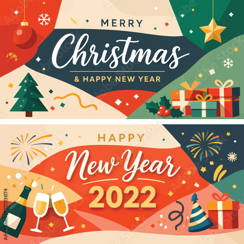 Colorful festive greeting card with Christmas and New Year 2022 theme