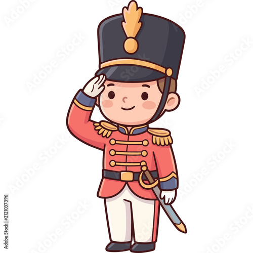 Cute cartoon toy soldier in red royal guard uniform saluting with gold details and tall shako hat isolated on white background