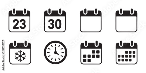 Set of calendar icons, number twenty-three, number thirty, clock, and snowflake symbol.