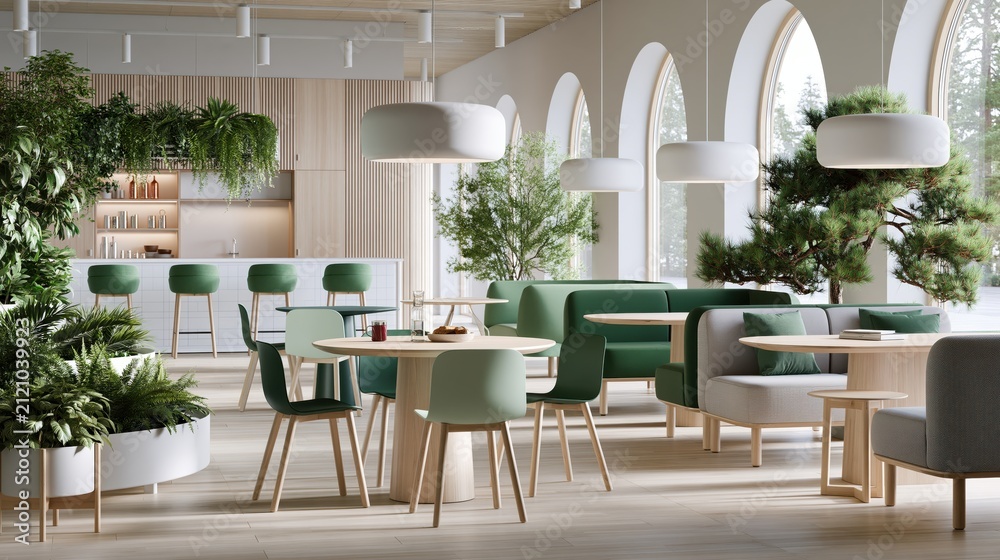 Fototapeta premium Modern biophilic cafe interior with abundant greenery and natural light creating a serene and inviting atmosphere for relaxation and work
