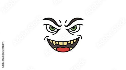 Angry cartoon face with sharp teeth and red tongue.