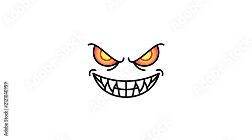 Angry cartoon monster face with sharp teeth and glowing eyes.