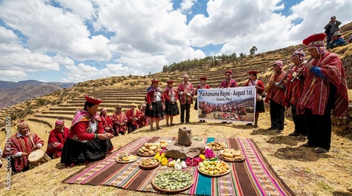 Andean people celebrating Pachamama ritual. Indigenous community offering food to Mother Earth.