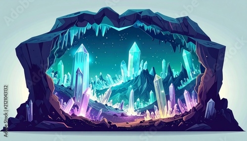 Mystical Crystal Cave with Glowing Stalactites and Stalagmites.