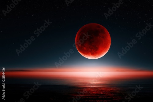 Blood moon lunar eclipse over quiet landscape