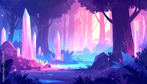 Mystical Glowing Forest with Crystal Formations and Soft Light.