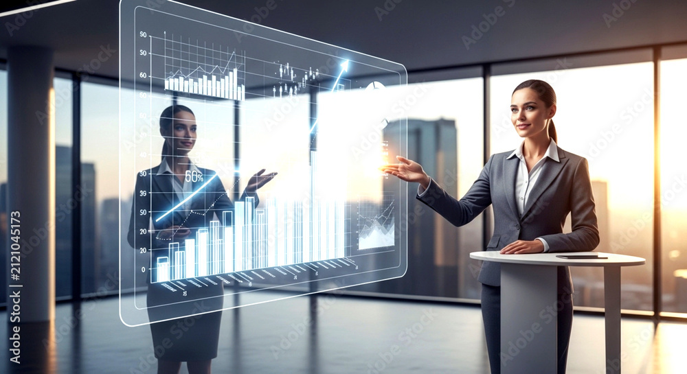 Fototapeta premium Businesswoman using futuristic digital interface. Professional analyzing data on glass screen.
