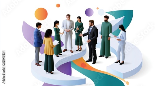 Diverse business team collaborating on a modern abstract platform with upward arrow graphics during a strategy meeting