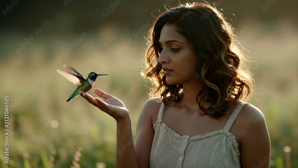Fototapeta premium Woman gently interacting with a hummingbird on her hand at golden hour
