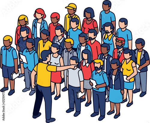 Isometric speaker in yellow shirt pointing towards diverse crowd of standing citizens