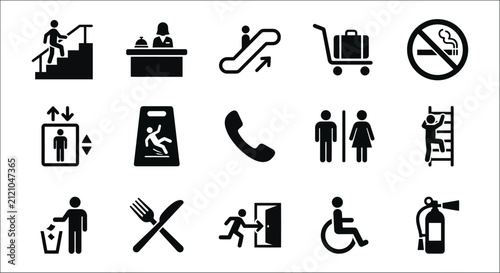 Public service icons on a white background depict accessibility facilities and regulations for public spaces assistance barrier free building cart