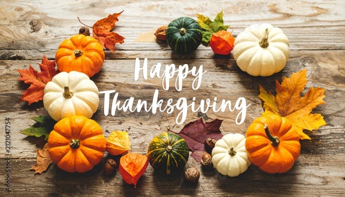 Happy Thanksgiving Pumpkins and Leaves Arrangement