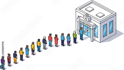 Long queue of diverse citizens waiting in line outside a polling station