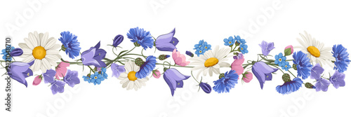 Horizontal banner with wildflowers. Forget-me-nots, daisies, and bluebells. Vector background.
