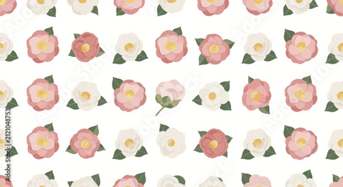 Soft Floral Pattern - Pink and White Camellia Flowers - Seamless Background
