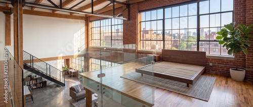 Modern industrial loft bedroom with exposed brick walls tall windows wooden floor and metal staircase overlooking a cozy living area in sunny apartment