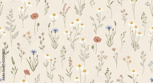 Delicate Floral Pattern: Wildflowers, Daisies, Poppies, Cornflowers on Beige