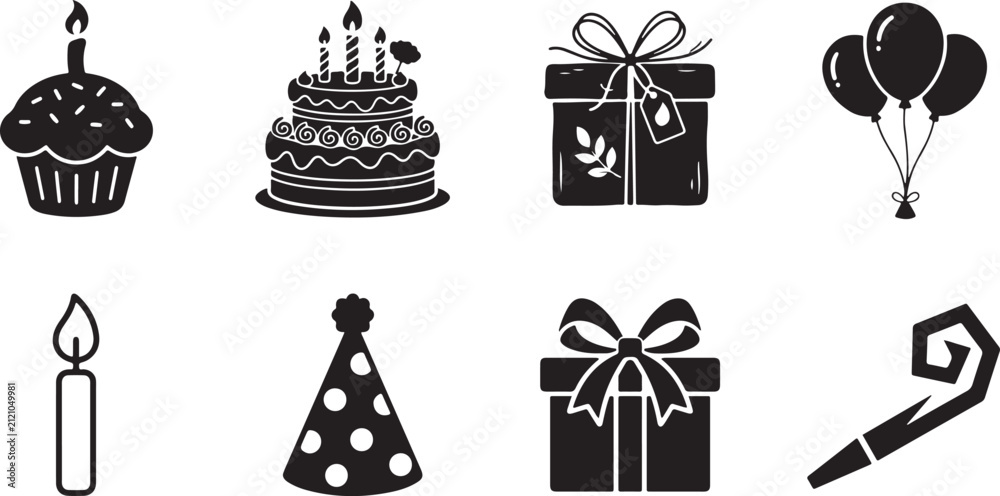 Fototapeta premium Black and white celebration icons set with cake gift balloon and party items