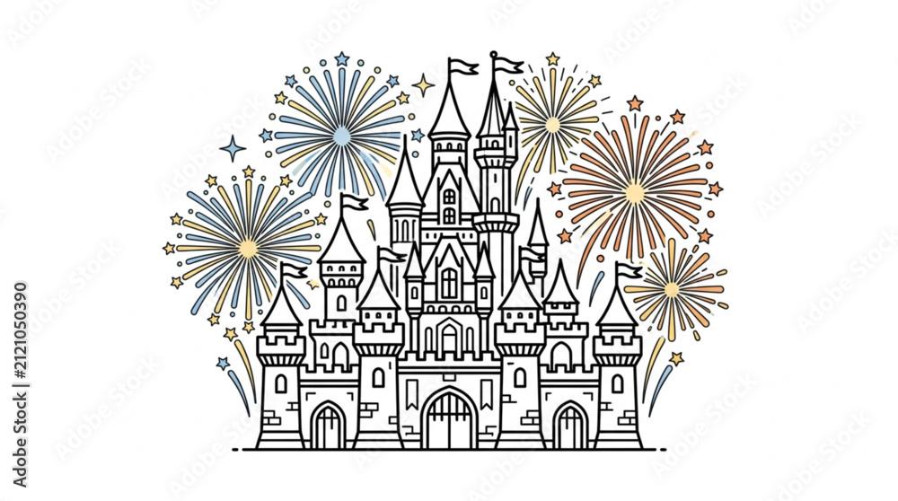 Fototapeta premium Fairytale castle illustration with fireworks display.