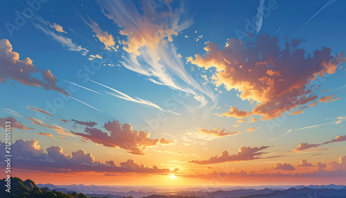 Vibrant Sunset Sky with Wispy Clouds Over a Distant Horizon.