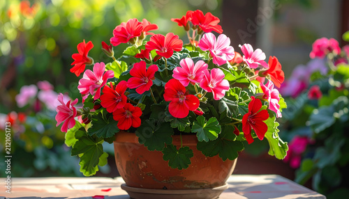 Vibrant Red and Pink Geraniums Blooming in a Terracotta Pot Outdoors.