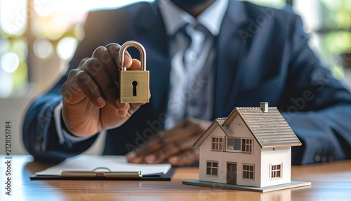 Real Estate Agent Holding Padlock and House Model for Security Concept.