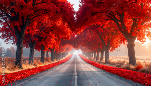 Vibrant Autumn Road Lined with Fiery Red Trees.