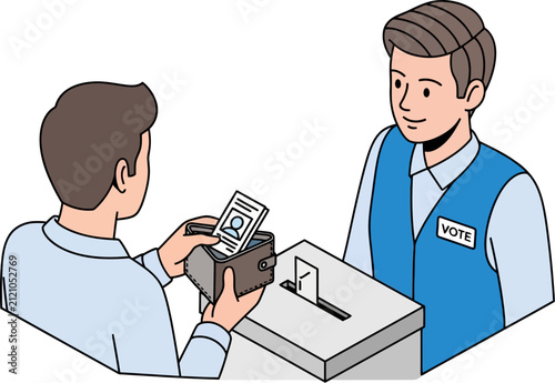 Voter presents identification card to election official standing next to a ballot box