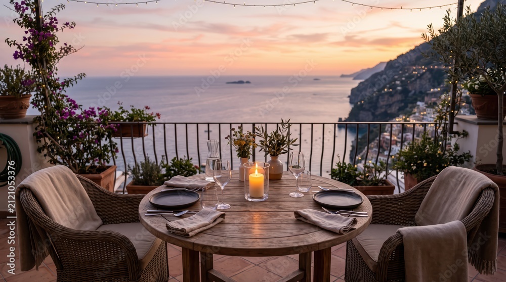 Obraz premium Cozy outdoor dining table on coastal balcony at sunset with candle centerpiece, wicker chairs and panoramic sea view creating intimate evening atmosphere for relaxed meal