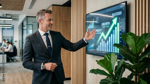 Professional businessman presenting positive financial growth and success metrics on a digital screen in a modern office.