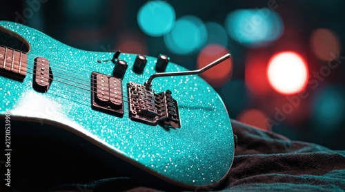 Modern electric guitar with shiny turquoise finish featuring pickups and whammy bar against beautiful blurred lights.
