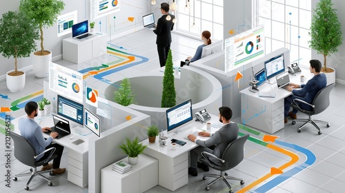 Diverse professionals collaborate in a modern open-plan office with digital data displays and green plants promoting growth