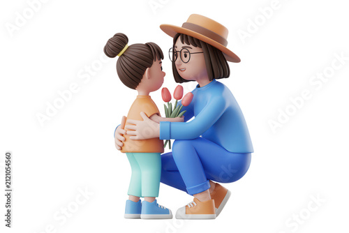Mother hugging daughter with flowers. Parent and child sharing a tender loving moment.