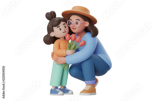 Mother and daughter hugging with flowers. Cute 3D characters sharing a loving moment.