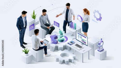 Diverse team collaborating on innovative scientific research with digital displays and microscopes in a modern laboratory setting